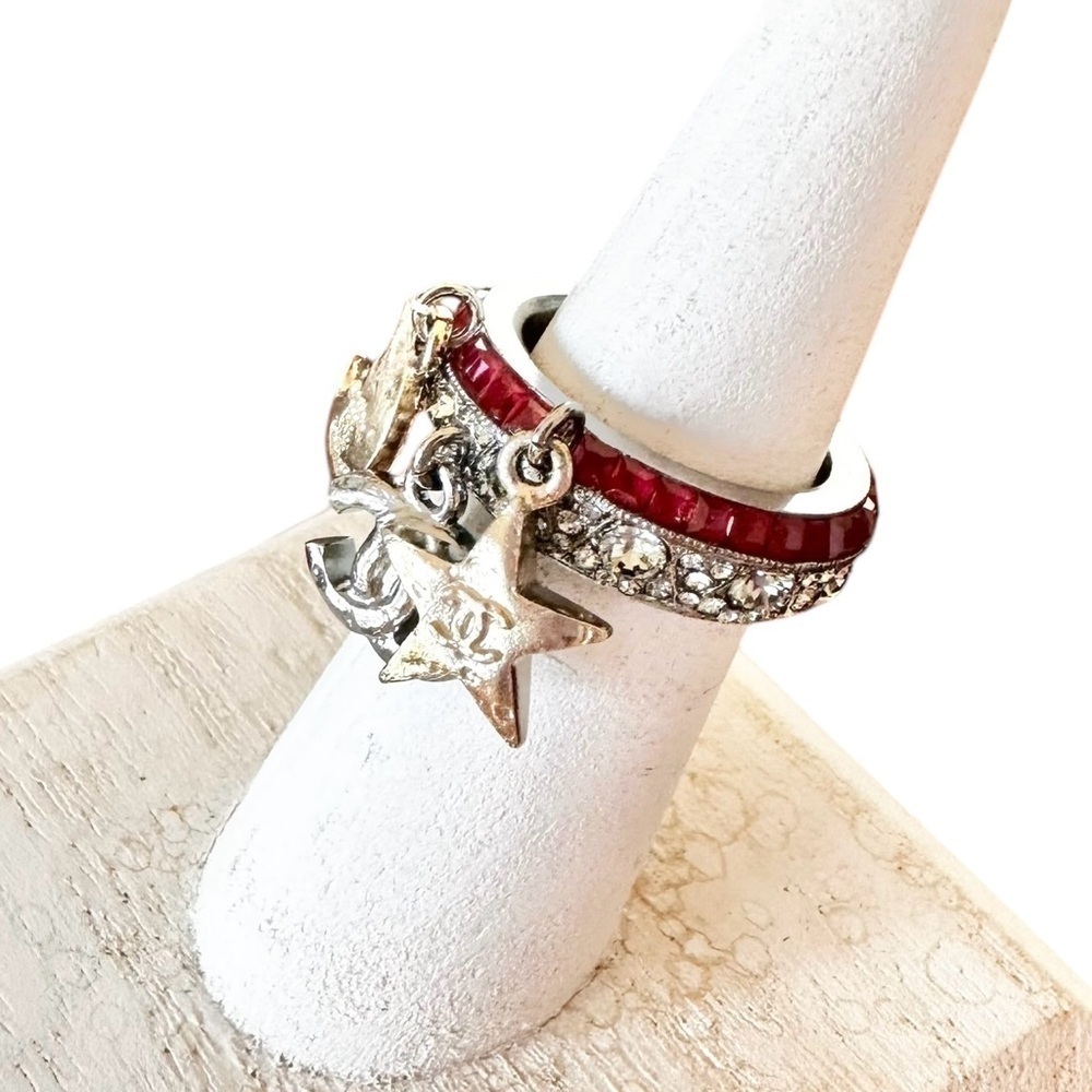 CHANEL Strass Silver & Gold Metal Moon Star CC Crystal Ring Size 6 - Picture 13 of 17